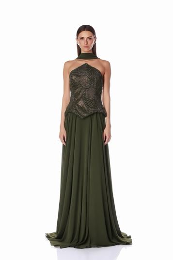 Khakifarbenes  perlenbesetztes  trägerloses Chiffon Abendkleid